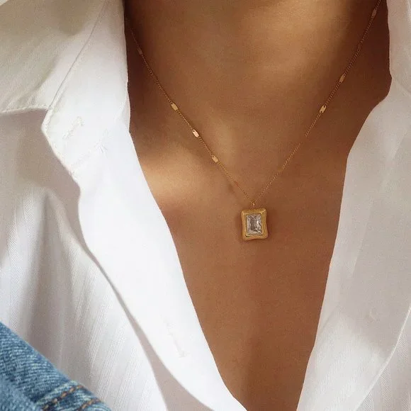 NEW 18K Gold Plated Radiant Cut Diamond Square Pendant Necklace
